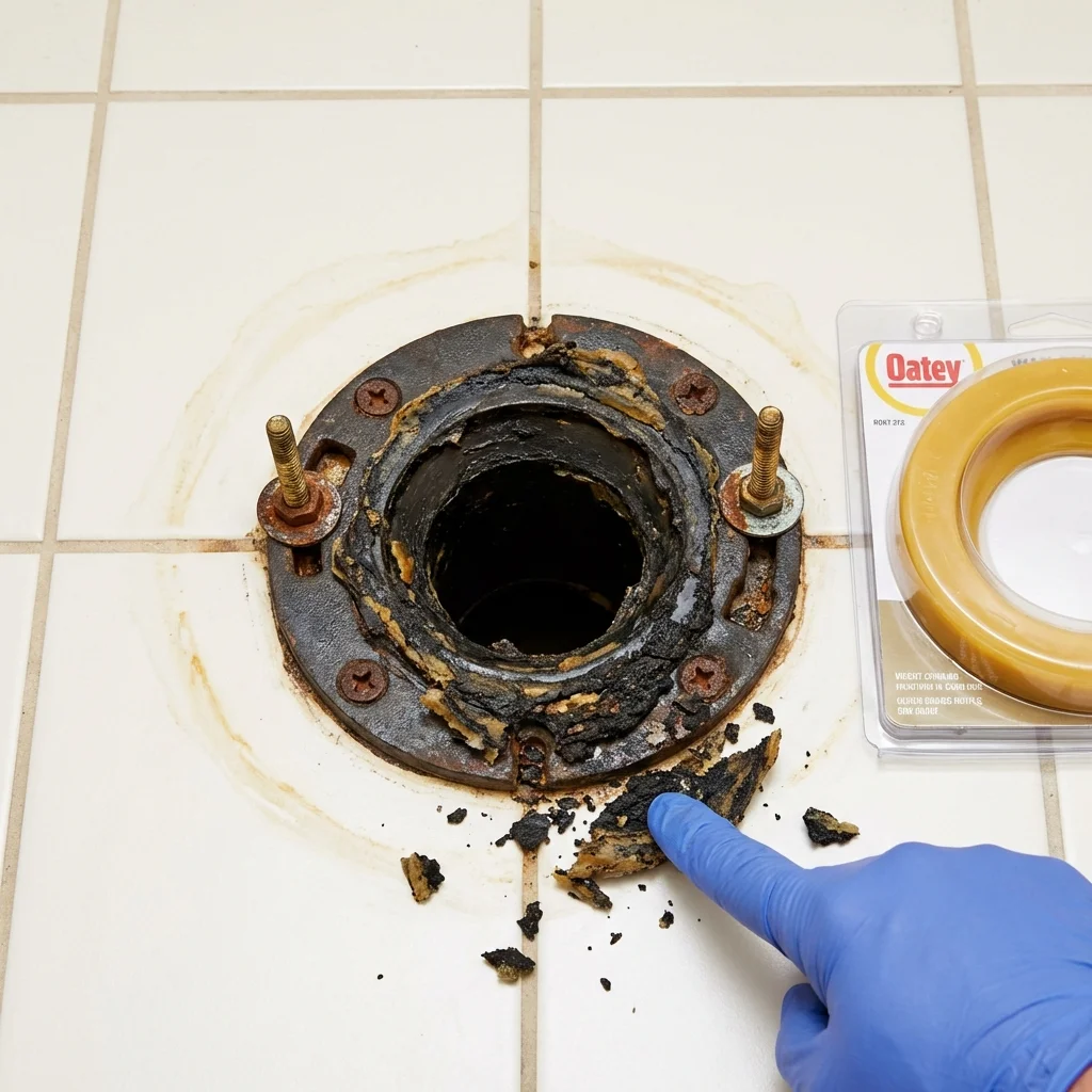 Failed wax ring showing water seepage at the base of a toilet in a Waynesville, NC home