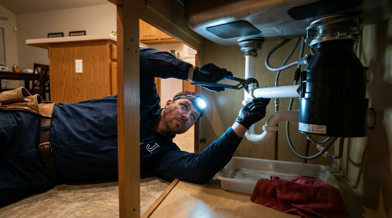 P-trap and supply line connections under a kitchen sink showing a common leak point in Waynesville, NC